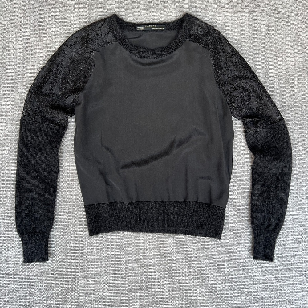 AllSaints Taya Sweater Womens 4 Black Silk Lace Sleeve Wool Mohair Blend Trim